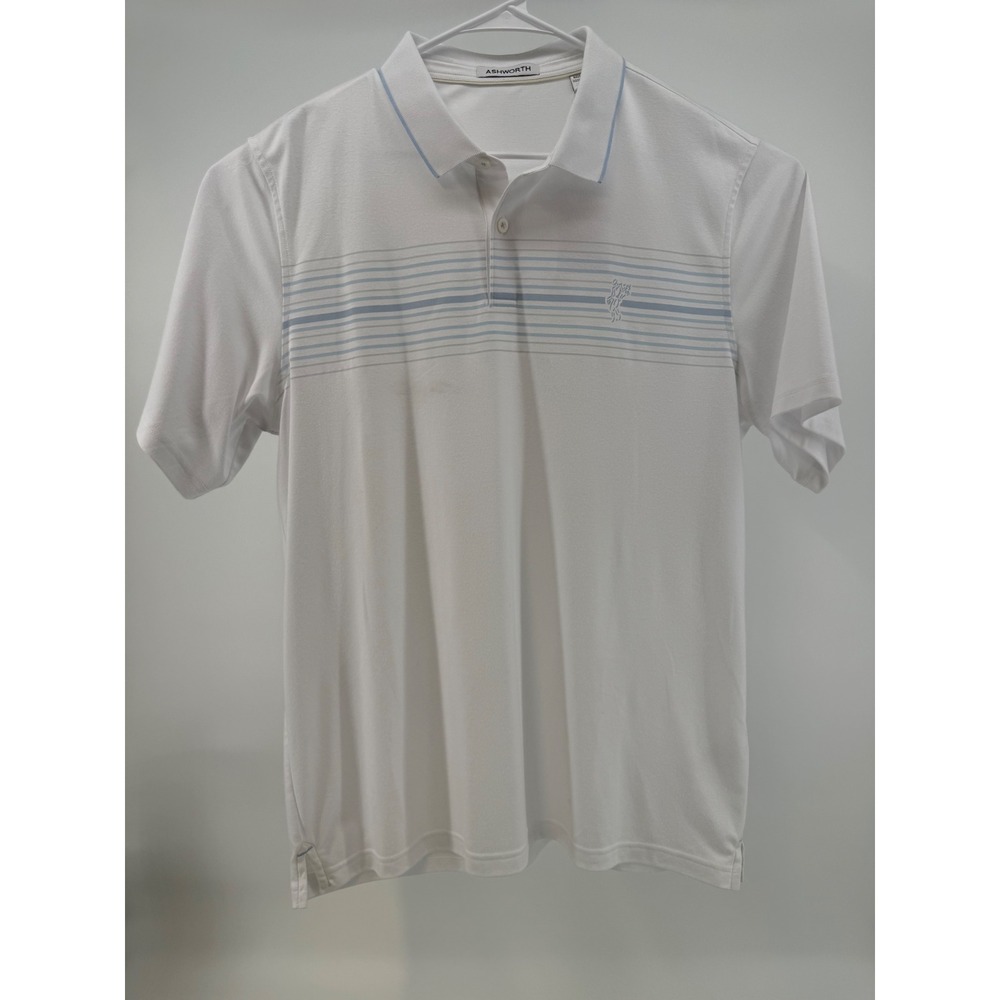 NWT Ashworth Mens L Golf Polo Embroidered White Horizon Multi Striped AM1143